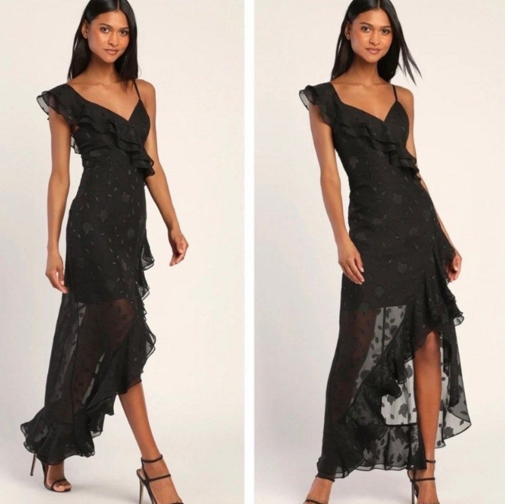 Lulus Forever Be Black Floral Jacquard Ruffled Maxi Dress
